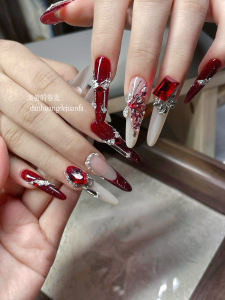 Handmade Blood Mary สติ๊กเกอร์ติดเล็บผีเสื้อ < Ne1> ฮาโลวีนกระพริบสวมใส่ไวน์แดง Cat Eye ภาษาฝรั่งเศสคํา < Ne2> เคล็ดลับเล็บ