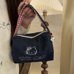 Anime Hello Kitty Retro Denim Handbag High Aesthetic Large Capaci Portable Eup Bag Embroidered Travel Storage Bag Birthday Gifts
