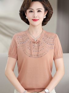 Fashionable Chinese Style Short Sleeve Ice Silk Knit T-Shirt for Middle-aged and Elderly Women Thin Section Cropped Pants Set