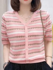 Dopamine Anti-Aging Short Sleeve Knitted Sweater Womens Summer 2024 New Striped Pink Floral Top plus Size V-Neck Cardigan