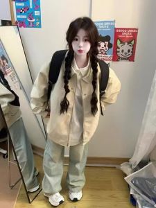 เสื้อแจ็คเก็ตเบสบอล PU หนังสไตล์อเมริกัน สำหรับผู้หญิง เสื้อแจ็คเก็ตคอปกสั้น เสื้อคลุมกันหนาว แฟชั่นฤดูใบไม้ผลิและฤดูใบไม้ร่วง