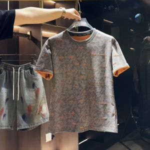 Summer 2025 Mens Trendy Brand Loose Fit round Neck Short Sleeve Tie Dye Distressed T-Shirt Versatile Fashionable Top