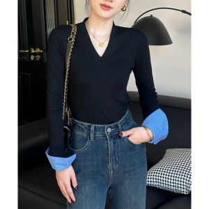 French Style V-Neck Splice Long Sleeve Slim Fit Base Shirt Womens New 2025 Autumn Inner Wear Casual Top Outer Wear