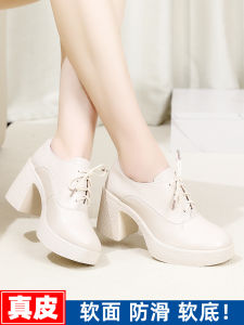 White Ladies Leather Shoes Thick Heel Waterproof Platform Soft Bottom High Heels for Short Women Comfortable Cross Strap British Style Fashion Single Shoes