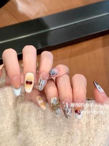Kawaii Girl 2025 New Year Handmade Butterfly Knot Wearable Nails Autumn Winter Cute Colorful Plaid Nail Art False Nails Tips