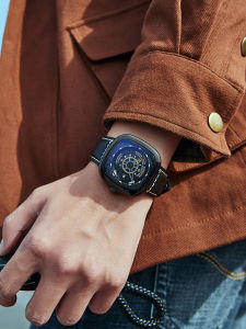 Fashionable Large Dial Square Face Waterproof Mens Watch Student Calendar Function Weekday Trendy Sporty Leather Strap