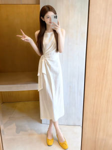 Karrar betsey | French Style Back-Tie White Dress Sleeveless Waist-Cinching Slimming Gentle Maxi