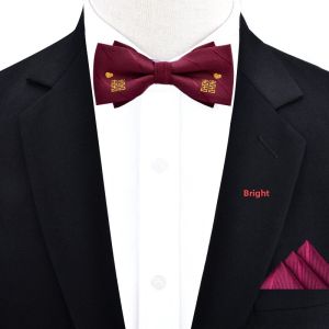 Red Wedding Mens Bow Tie Handkerchief Chest Pin Three-Piece Set Double Happiness Character Butterfly Knot Pocket Square Chest Flower