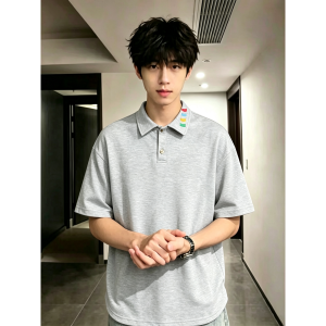 ZHUOCAN | Black Embroidered Turn-down Collar Cleanfit 5/8 Sleeve Heavy Cotton T-Shirt