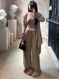 Korean Style Fashionable Knitted Set Womens Autumn Outfit High Waist Long Pants Three-Piece Suit Caramel Color Vest Top