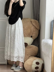 White Lace A-Line Midi Skirt Womens High Waist Slimming Summer Fashion Korean Style Commute Pure Color Elegant Fairy Skirt