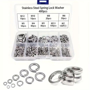 【STOK MSIA】Gasket Anjal 480pcs Spring Washers 304 Stainless Steel Split Lock Washers M2-M12 Elastic Washer Fasteners