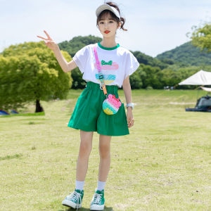 Girls Summer Sportswear Thin Short Sleeve Two-Piece Set Casual Printed Childrens Clothing Set for Ages 3-14 from Miniyaya