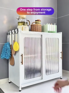COHF Kitchen Storage Cabinet Large Capacity Organizer with Sliding Acrylic Door Dustproof Moistureproof Carbon Steel Countertop Storage Rack