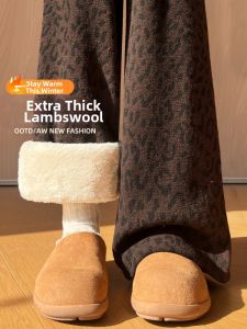 XINGJUSHE | Thick Warm Brown Sheepskin Velour Plush Leopard Leggings Women