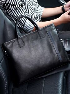 FEGER | Genuine Leather Mens Casual Business Handbag For Travel And Commuting Laptop Bag Briefcase Soft Square Shape Polyester Lining