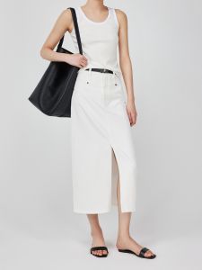 กระโปรงยีนส์ผ้าอะซิเตทสามครั้งสีขาวหนาพิเศษสำหรับใส่ไปทำงาน กระโปรงทรงเอ ทรงเอ ความยาวปานกลาง ทรงเอ