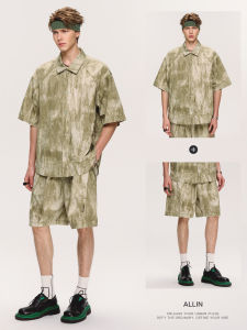 Allin Mens Summer Casual Short Sleeve Shirt And Shorts Set Lightweight Luxury Two-Piece Suit Cotton Nylon Spandex Blend