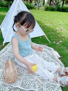 Breathable Lightweight Mosquito-Resistant Pants for Girls AnnieGirl French Countryside Style Embroidered Lace Long Trousers