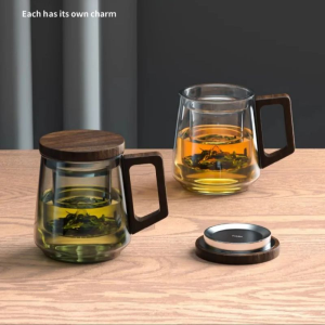 GIANXI High-End Glass Tea Cup Tea Water Separation Guanshan Design Tea Strainer Walnut Tabletop Anti-Scald Coaster Teacup Set