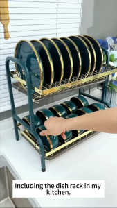 SJorage Steel Dish Rack with Drainer 2/3-Tier Green Gold Dish Drying Rack Countertop Plate Organizer Storage Shelf Rack