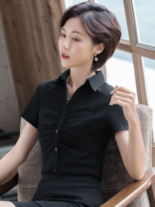 Professional Black Slim Fit Shirt Set Womens Short Sleeve Summer Thin Work Uniform V-Neck Blouse Skirt Suit OL Style Commute