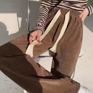 Quần ống rộng nỉ nhung tăm kiểu quần dài ống suông cạp chun lưng cao có dây rút chỉnh eo