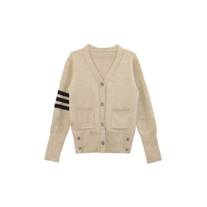 Sang Trọng Lịch Sự Cổ Chữ V Đồ Len Áo Khoác Cardigan Nữ Áo Khoác Ngoài Dài Tay Ba Sọc Chặn Màu Mềm Mùa Thu Thiết Kế