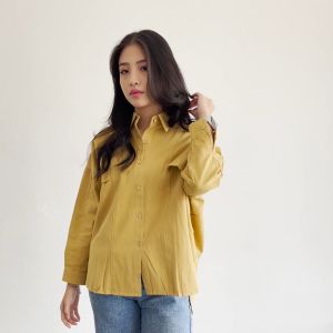 QUEENTIN Kemeja Oversize Wanita 98001 Jeans Wash Polos Lengan Panjang