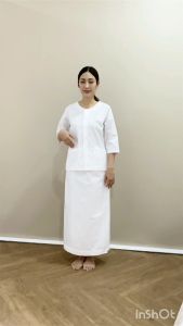 ชุดเชตเสื้อแขนสามส่วนและผ้าถุงเอวยางยืด ชุดปฏิบัติธรรมผ้าฝ้ายญี่ปูนสีขาวนวล สมาธิในความรอบคอบ