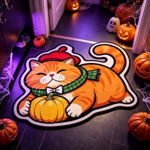 VIKAMA Halloween Black White Cat Hug Pumpkin Shaped Fluffy Bath Mat Non Slip Water Absorbent Bedroom Holiday Decor Rug