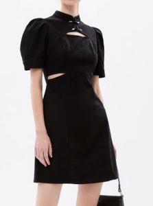 New Chinese Style Waist Exposure Short Denim Skirt Dress Womens Bubble Sleeve Stand Collar A-Line Summer Dress