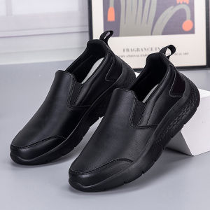 Mens Large Size Leather Surface Waterproof Anti-slip Comfortable Casual Middle-aged And Elderly Health Walking Shoes Black