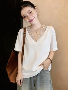 Lace Splicing V-Neck Short Sleeve T-Shirt
