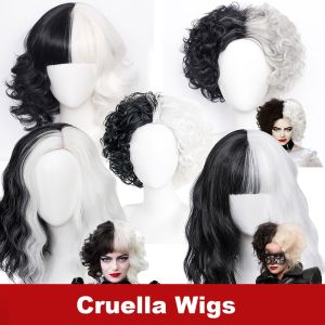 【Fast delivery】Fashion Women Girls Helloween Wigs Half Black and White Cruella De Vil Kuila Cosplay-时尚假发