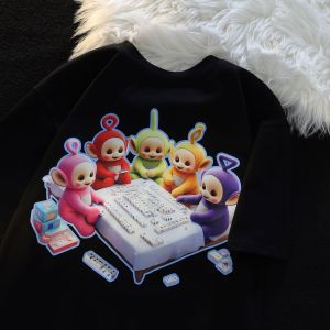 เสื้อยืดแขนสั้นพิมพ์ลายการ์ตูนผ้าฝ้ายแท้สําหรับผู้ชายและผู้หญิงหลวมพอดีความยาวกลางยาวยาวเหมาะสําหรับงานเลี้ยงวันเกิด 18-24