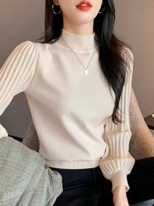 เรียบหรู Half High ปกเสื้อ เสื้อฐานถัก ผู้หญิง แฟชั่นแขนฟอง สไตล์ฝรั่งเศส เสื้อสเวตเตอร์ Premium Feeling Fall สินค้าใหม่