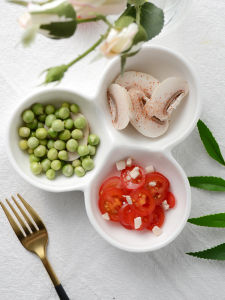 ชามใส่อาหารว่างเซรามิกสีขาวบริสุทธิ์ชามใส่เครื่องปรุงซอสชามสามชิ้นแบบสร้างสรรค์จานใส่เฟรนช์ฟรายส์ลายข้าวไก่ผลไม้อบแห้ง KTV ใช้ในบ้าน