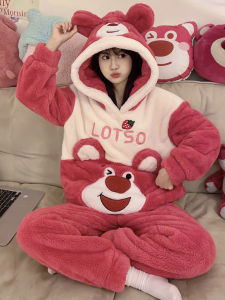 ชุดนอนผ้าคอร์สเกิลปักลายลูกไม้สตรีที่อบอุ่นและสวมใส่สบายในฤดูหนาว ชุดนอนผู้หญิง ชุดนอนผ้าฟลานเนล ชุดนอนสตรีท