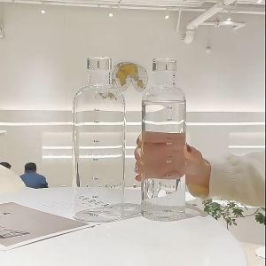 Elegant Transparent Glass Water Bottle with Leaf Proof Lid Cover Coffee Milk Tea Cups Motivational Time Marker Travel Mugs Ceramic Tumbler