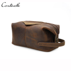 CONTACTS Men Hanging Cosmetic Bag Crazy Horse Leather Travel Makeup Case Zipper Organizer Storage Pouch Vintage Toiletry Bags