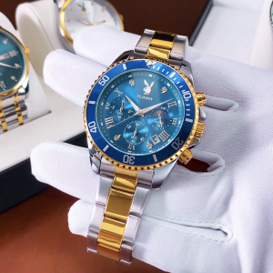 PLAYBOY นาฬิกาข้อมือแฟชั่น หน้าปัดกระจกแซฟไฟร์ ขนาด 42มม. สีน้ำเงิน/ทอง สายสแตนเลส รุ่น 2025