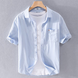 Áo Sơ Mi Nam Tay Ngắn Mùa Hè Màu Trơn Tươi Mới Toàn Bộ Cotton Dáng Rộng Thoải Mái Thường Ngày Thời Trang Áo Khoác Ngoài