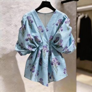 KUNAILIN | Graceful Style V-Neck Slightly Cinched Waist Iris Blue Shirt