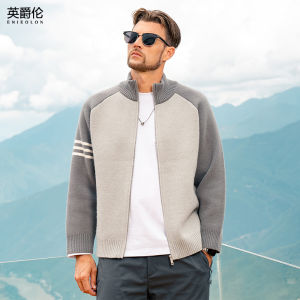 Enjeolon | Warm Thick Open Cardigan Sweater for Men with Color Block Knit