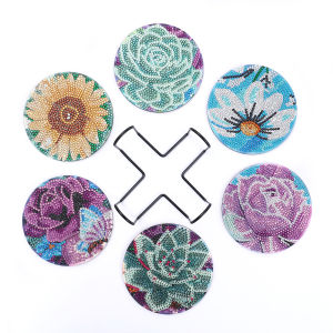 6pcs/Set DIY Diamond Art Coasters with Holder Mandala Crystal Rhinestones Wood Coasters Flowers Diamond Art Coasters for Adults