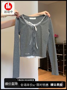 Áo Thun Dài Tay Ren Màu Xám Ôm Vừa Vặn Cho Nữ Mùa Thu Đầu Tiên Áo Thun Cotton Pha Trộn Cổ Tròn Tay Dài Ngắn