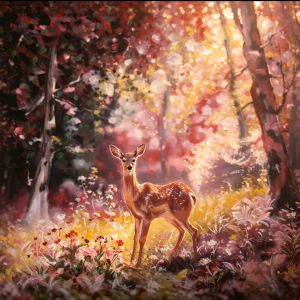 Brand: N/A Main product: Deer illustration Key attributes: Autumn setting sunlight foliage flowers Fit/use: Wall art decoration Scene: Forest woodland