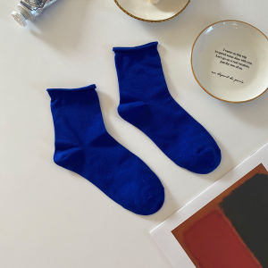Candy Colored Womens Short Socks Spring Autumn Pure Color College Style Knotted Edge Mid-Calf Solid Color Socks for Ladies