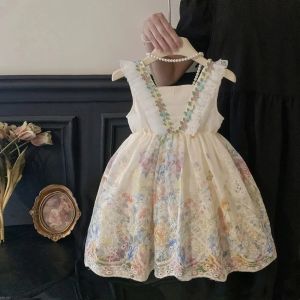 Fashion 2-7 Years Girl Print Lace Sleeveless Vest Princess Dresses Summer Beige Flower Kids Casual Clothes Korean Version